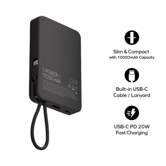 Momax 1-Power X Power Bank 10000mAh With Built-in USB-C Cable - Three