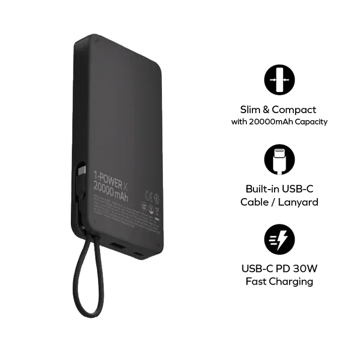 Momax 1-Power X Power Bank 20000mAh With Built-In USB-C Cable IP153 - Three