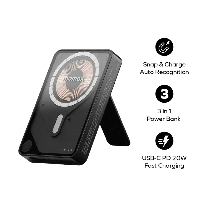 Momax Power X Pro+ Magnetic Wireless Power Bank 10000mAh With Built-In USB-C Cable IP132HK - Three