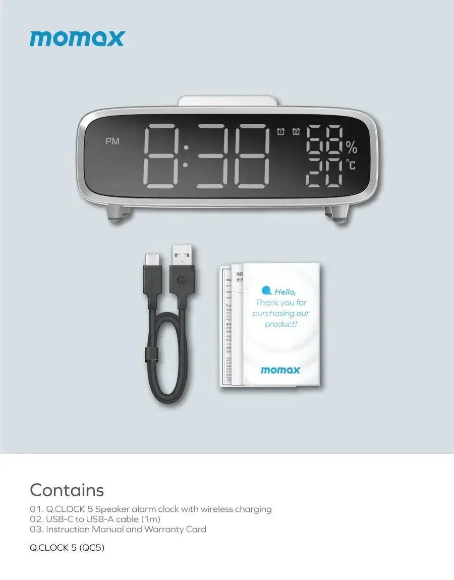 Momax Q.Clock5 Digital Clock with Wireless Charging - Three