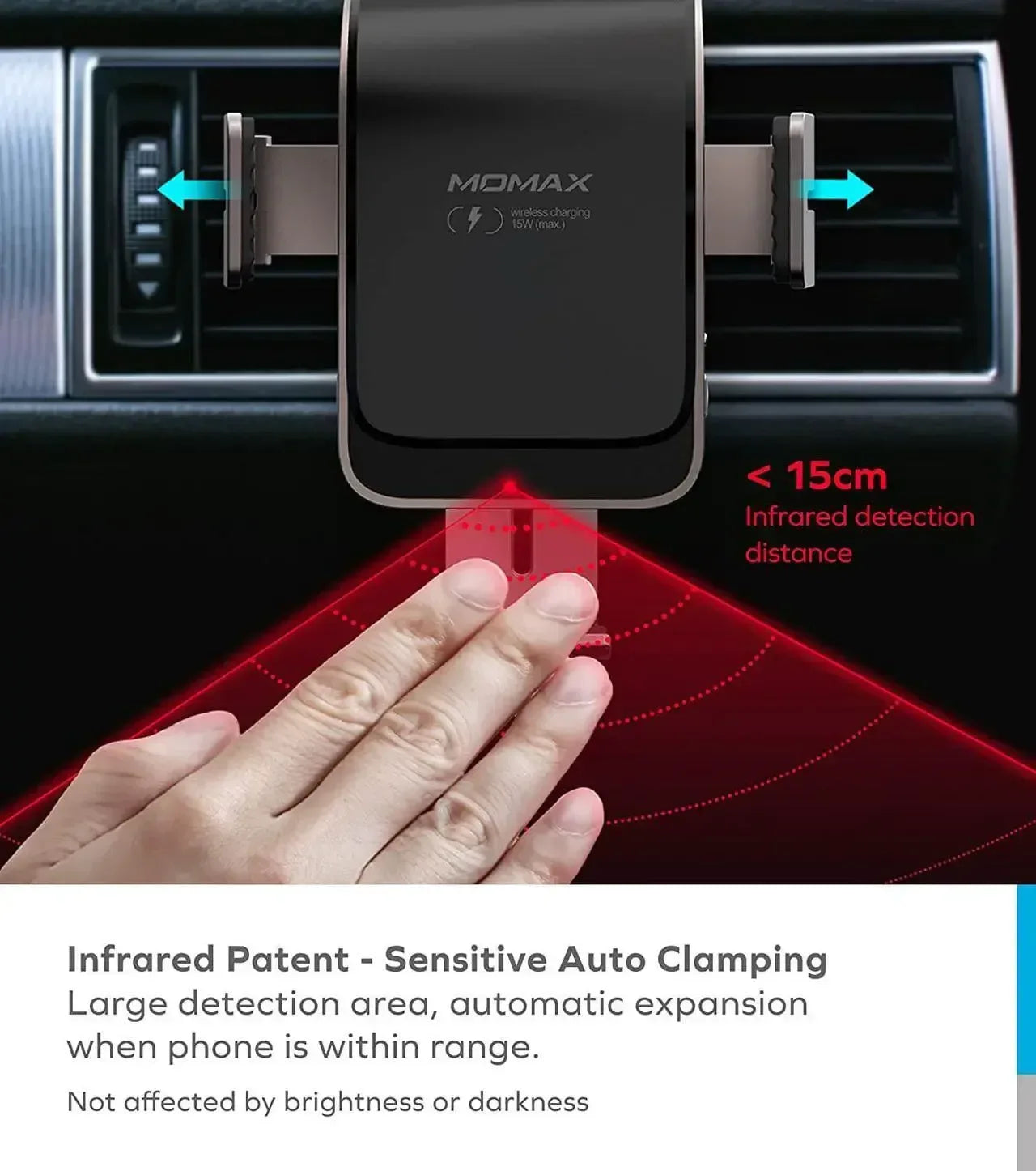 Momax Q.Mount Smart IR Auto Clamping Wireless Charging Car Mount CM12 - Three