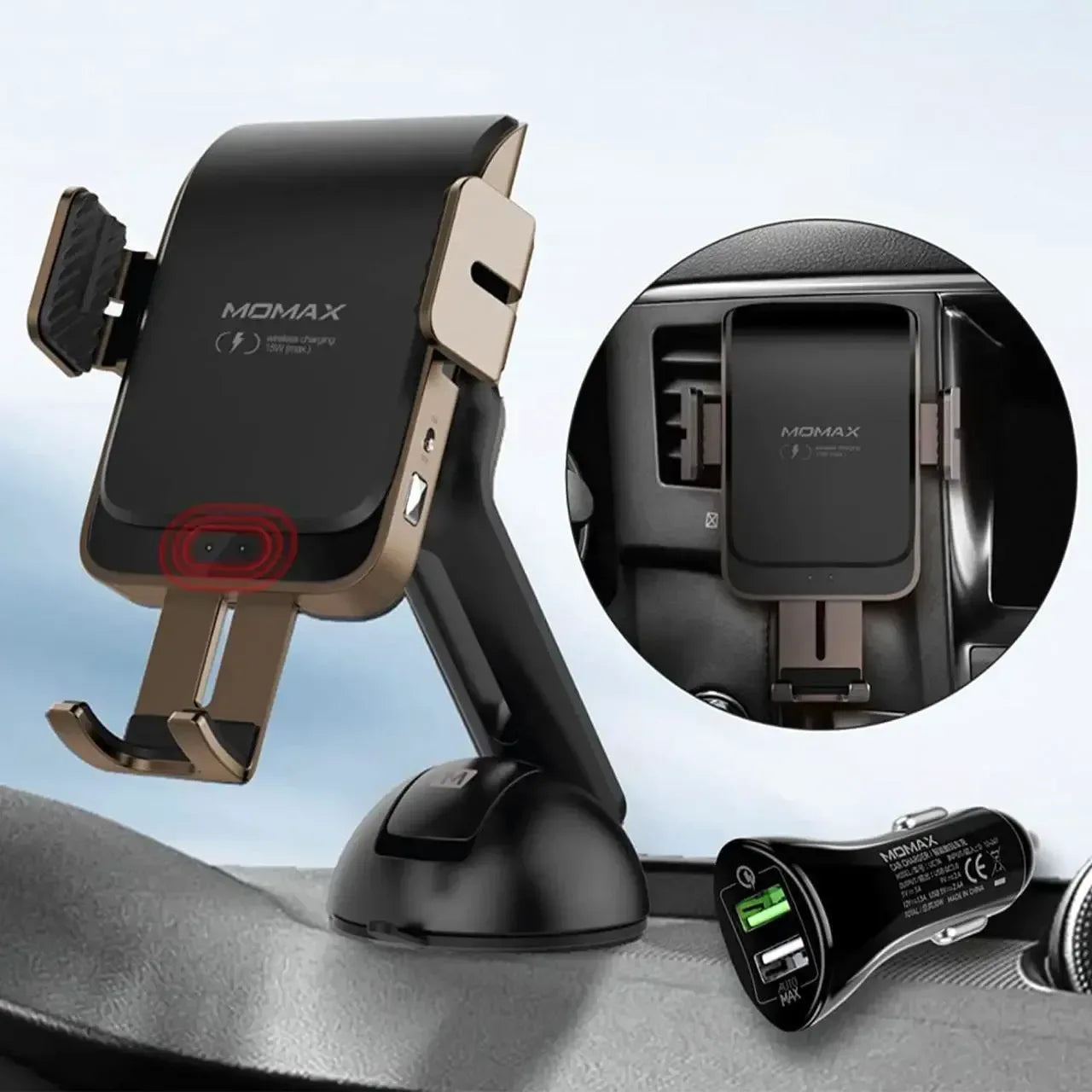 Momax Q.Mount Smart IR Auto Clamping Wireless Charging Car Mount CM12 - Three