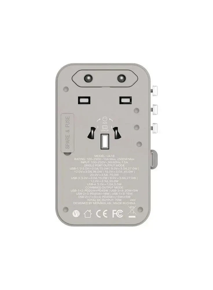 Momax World+ 70W GaN 3-Port w Built-in USB-C Cable + AC Travel Adaptor - Three