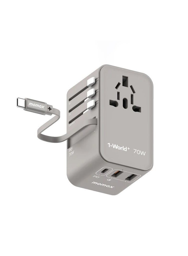 Momax World+ 70W GaN 3-Port w Built-in USB-C Cable + AC Travel Adaptor