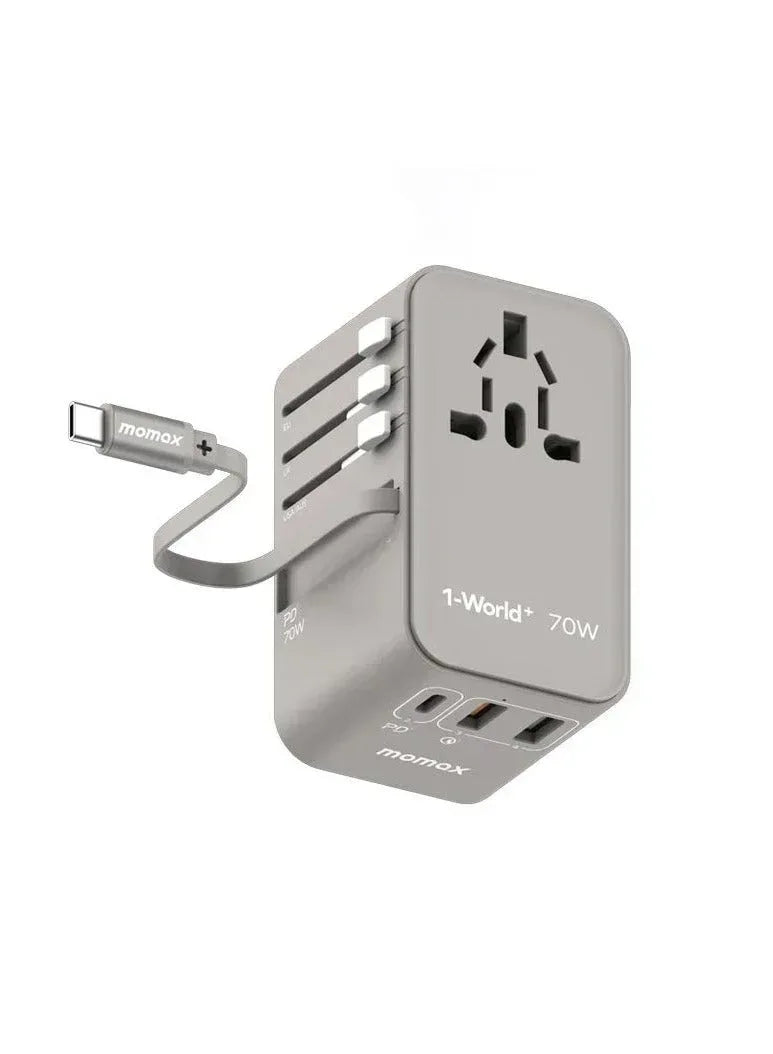 Momax World+ 70W GaN 3-Port w Built-in USB-C Cable + AC Travel Adaptor - Three