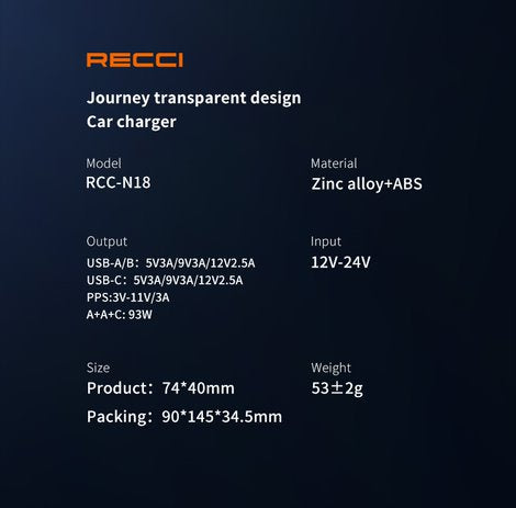 Recci 3 Ports Journey Transparent Car Charger RCC-N18