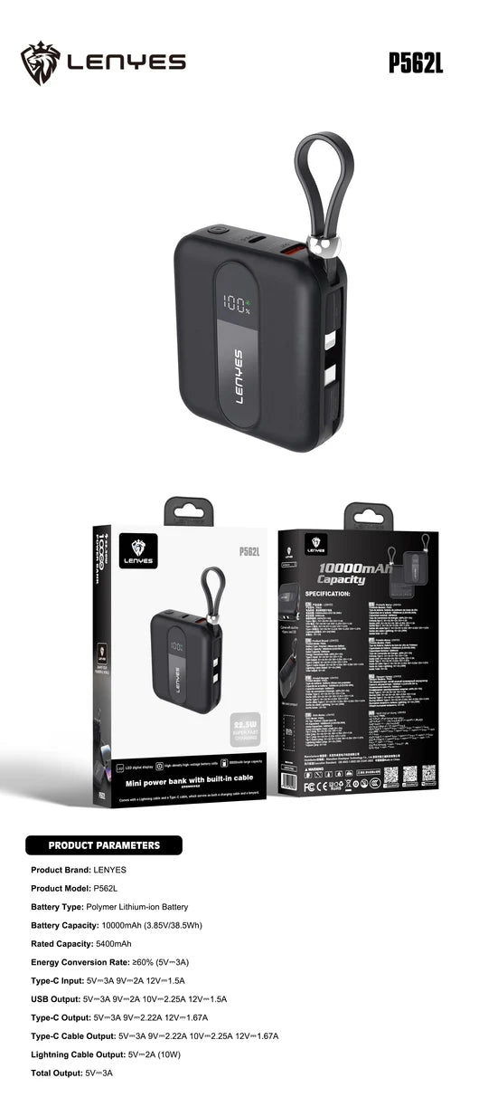 Lenyes 10000mAh 22.5W Dual Built-In Cable Digital Display Power Bank P562L