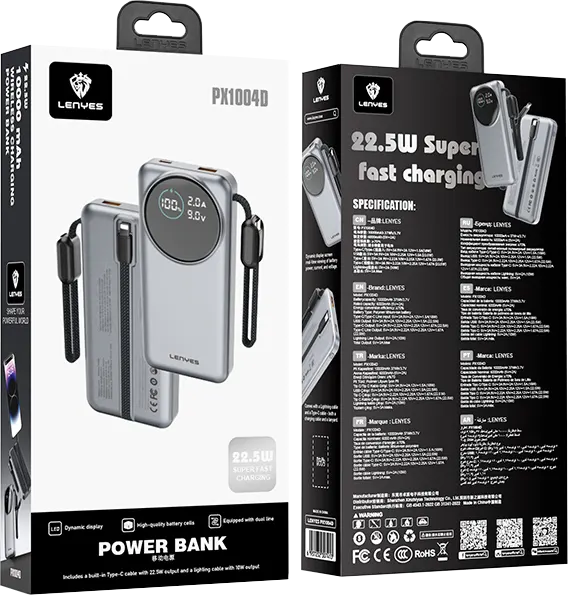 Lenyes 10000mAh 22.5W Built-In Lightning Cable Digital Display Power Bank PX1004D