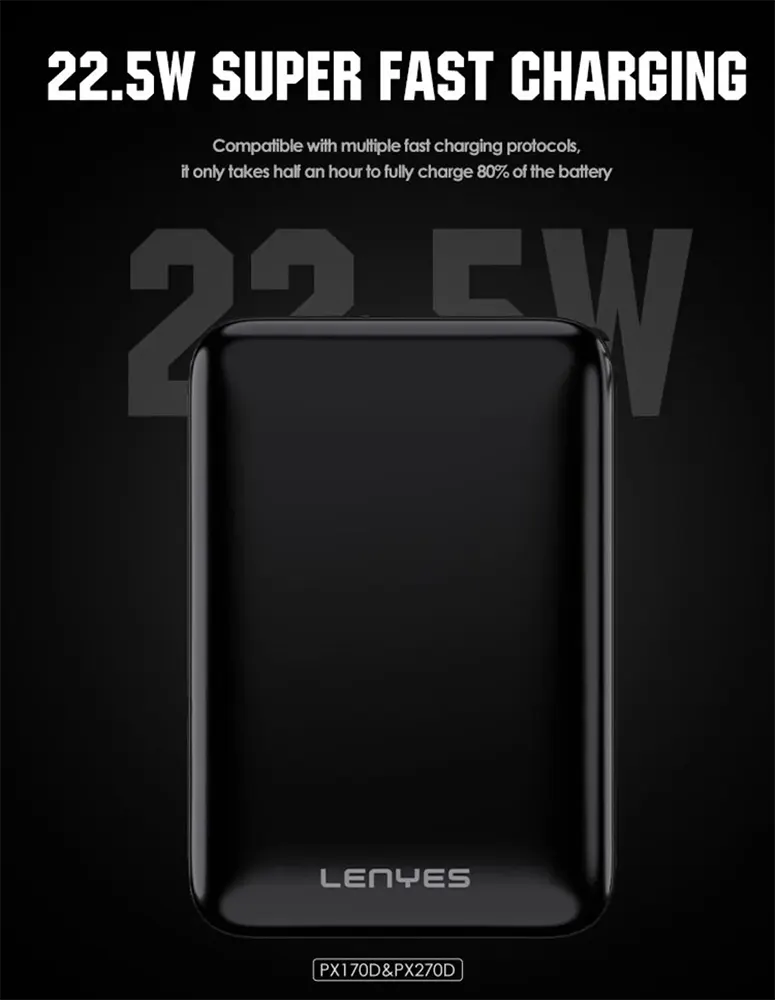 Lenyes 10000mAh 22.5W Built-In Lightning Cable Digital Display Power Bank PX170D