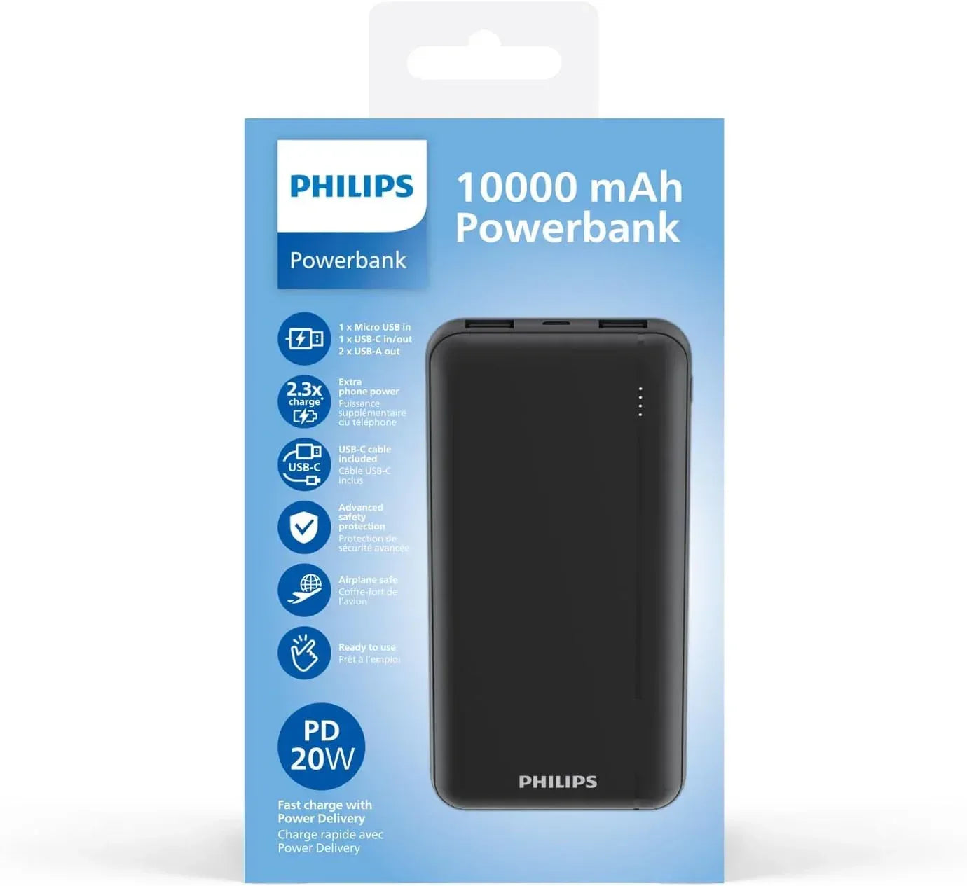 Philips Power Bank 10000 mAh with 2 USB A and USB C (PD) Port DLP1812PB - Three