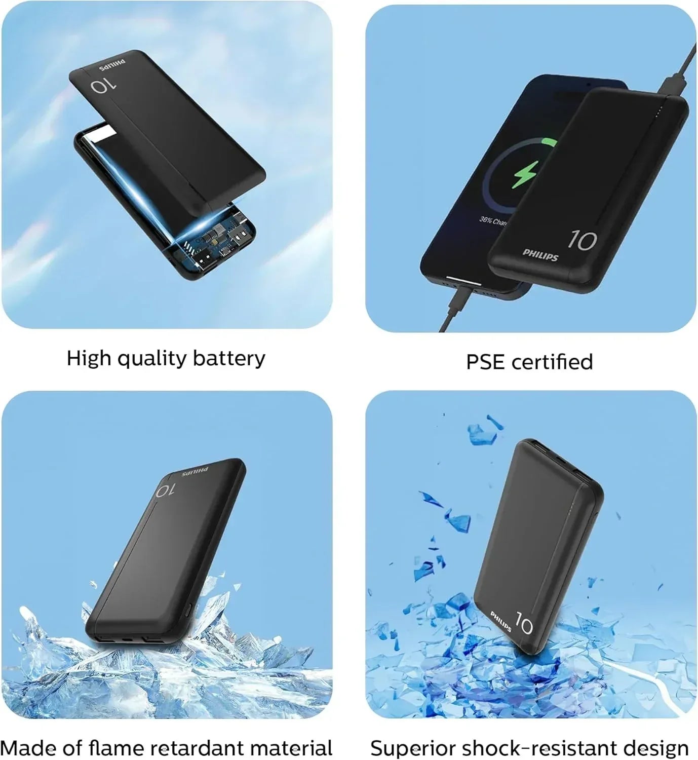 Philips Power Bank 10000 mAh with 2 USB A and USB C (PD) Port DLP1812PB - Three