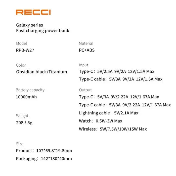 Recci Fast Charging 15W PD 20W Power Bank 10000 mAh RPB-W27 - Three