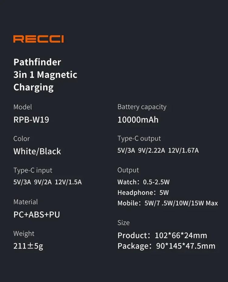Recci Pathfinder Wireless Magnetic Power Bank PD20W RPB-W19 - Three