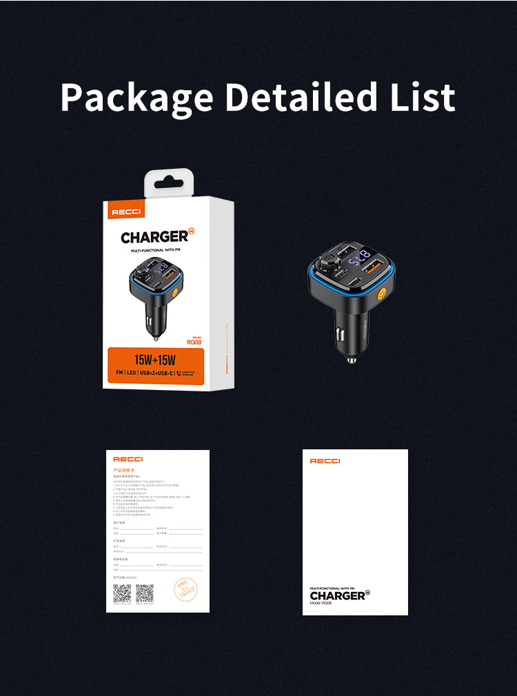 RECCI 15W+15W Multi-Functional With FM Car Charger RQ08