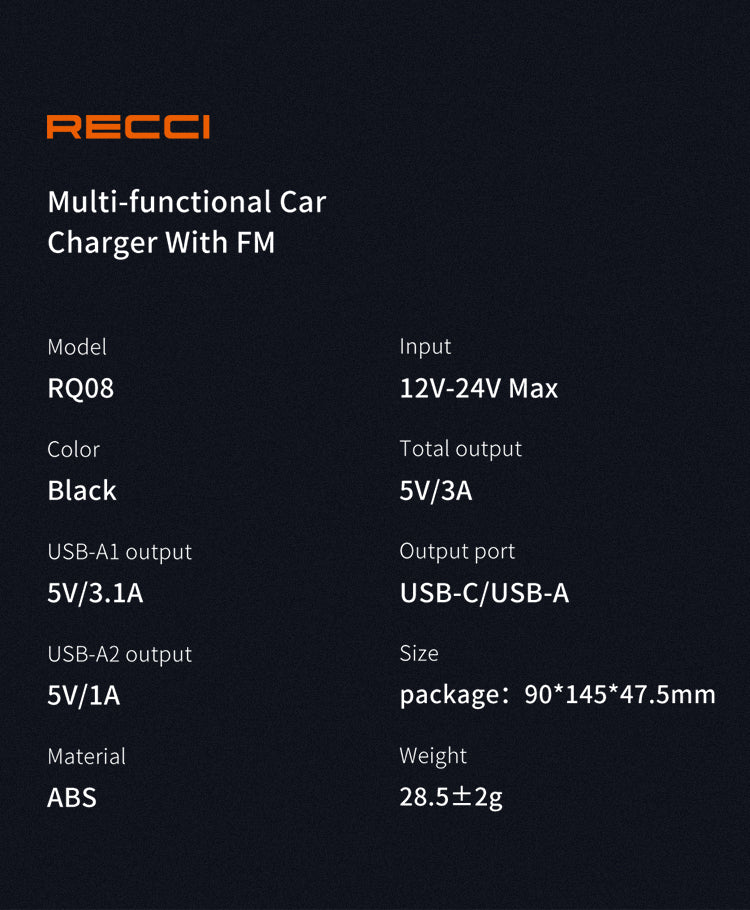 RECCI 15W+15W Multi-Functional With FM Car Charger RQ08