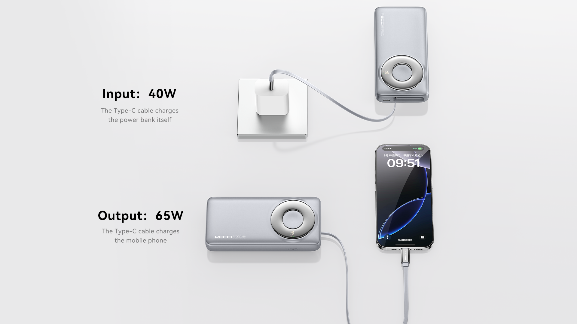 Recci 20000 mAh Power Bank With Type-C Cable 65W RPB-P72