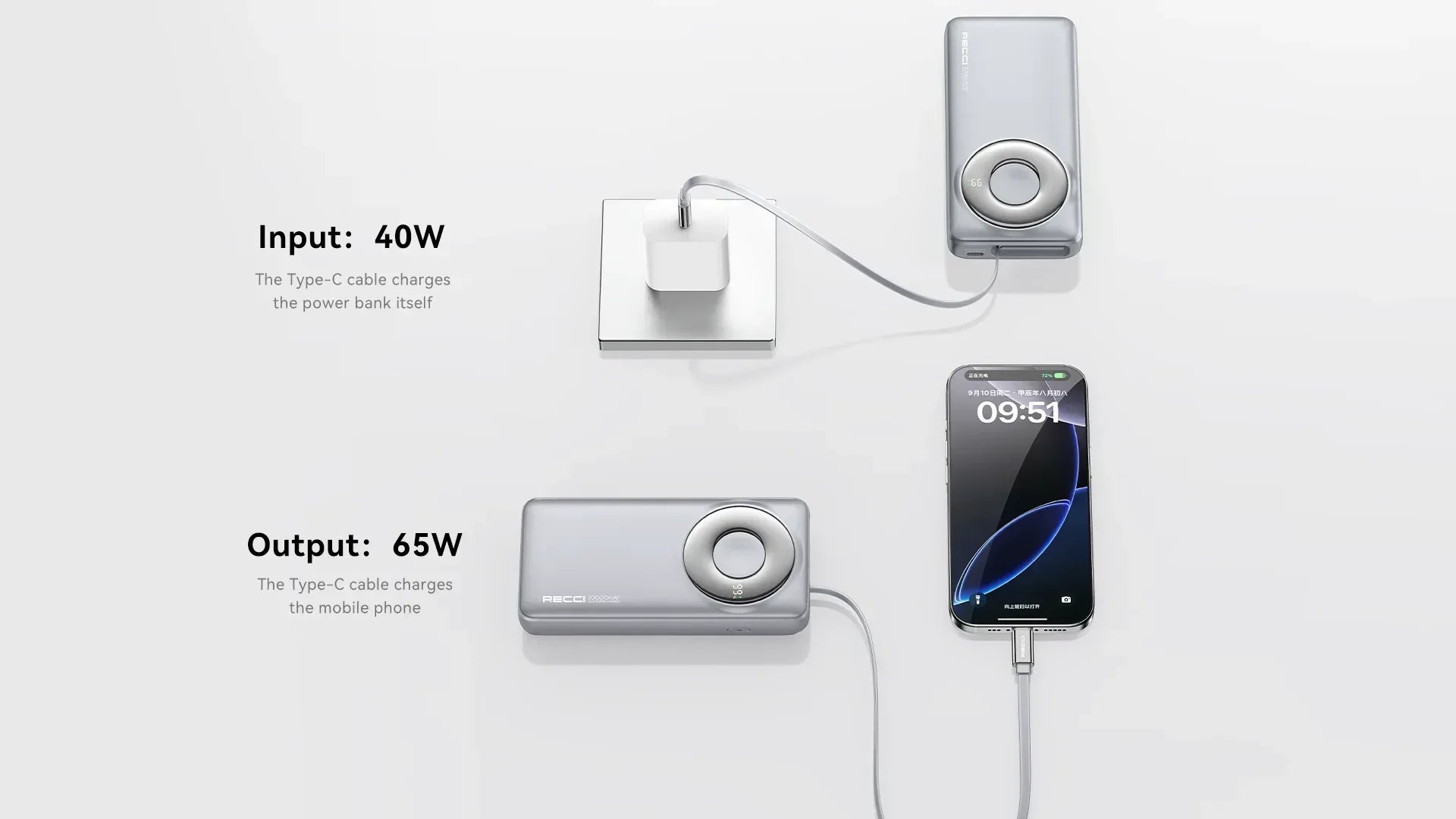 Recci 20000 mAh Power Bank With Type-C Cable 65W RPB-P72 - Three