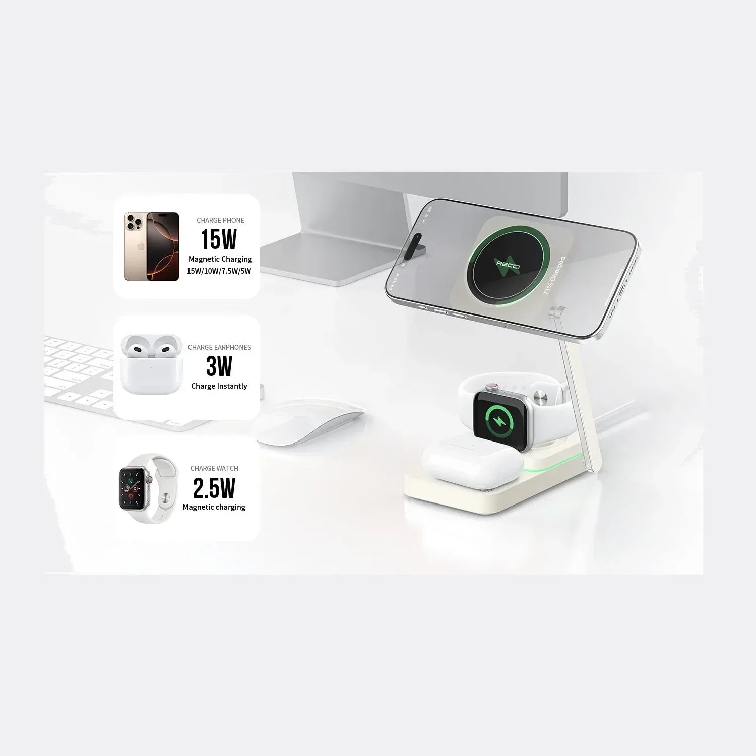 Recci 3 in 1 Magnetic Wireless Charger RCW-48 - Three
