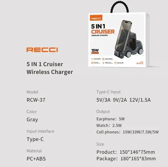 Recci 5 in 1 Cruiser Wireless Charger RCW-37 - Three