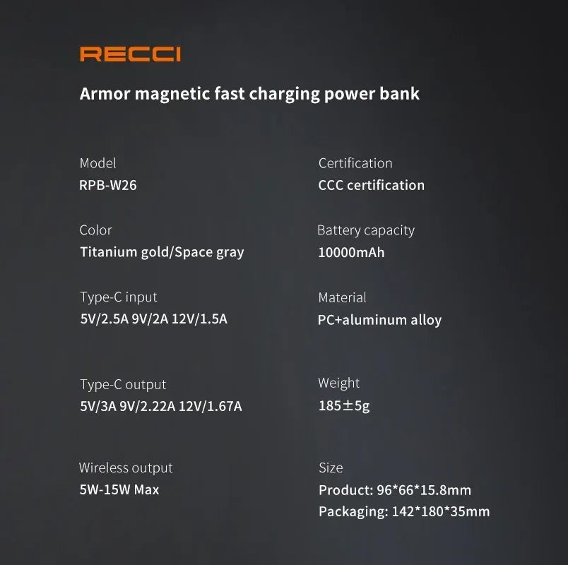 Recci ARMOR 10000mAh Wireless Power Bank RPB-W26 - Three