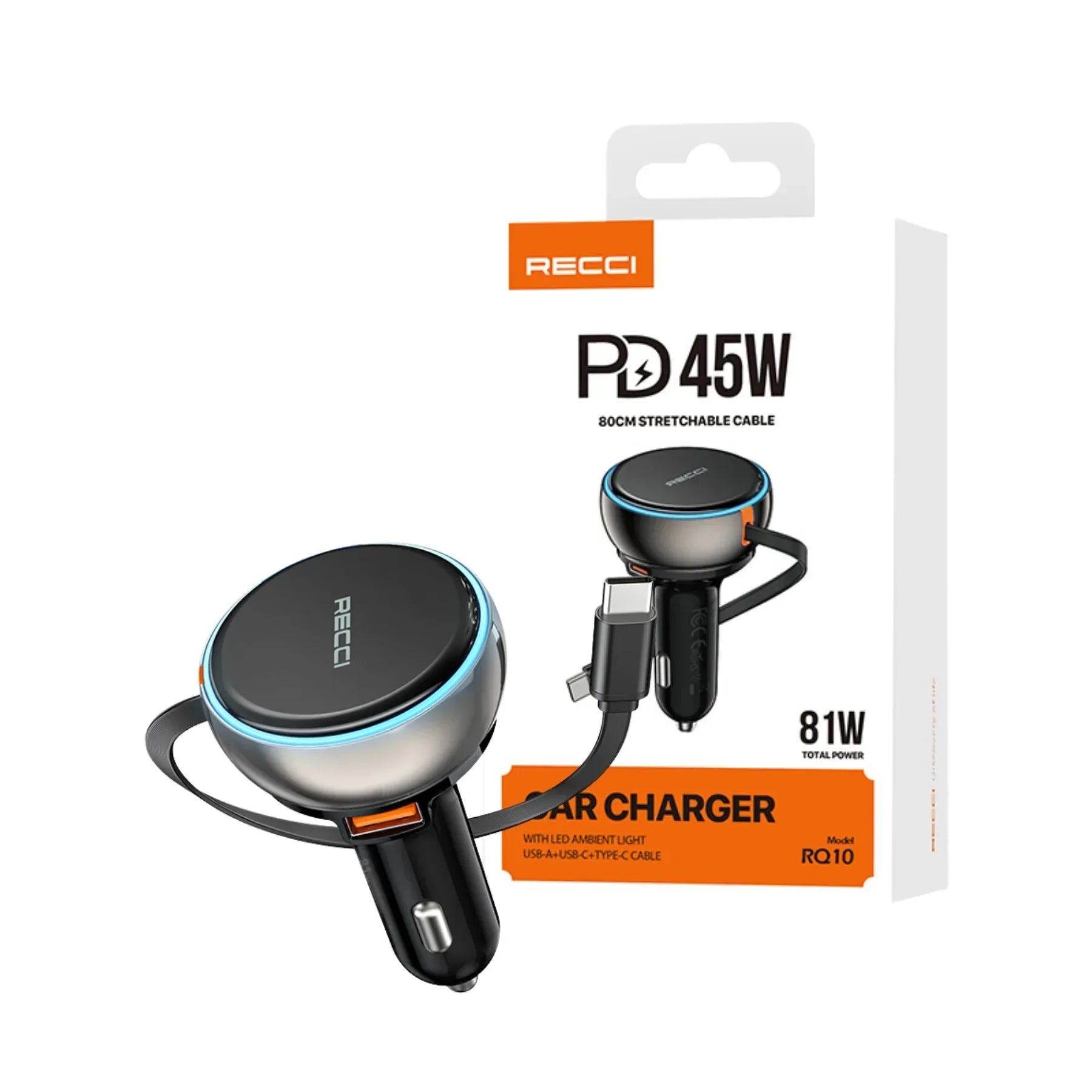 Recci Car Charger 81W PD 45W With Cable RQ10 - Three