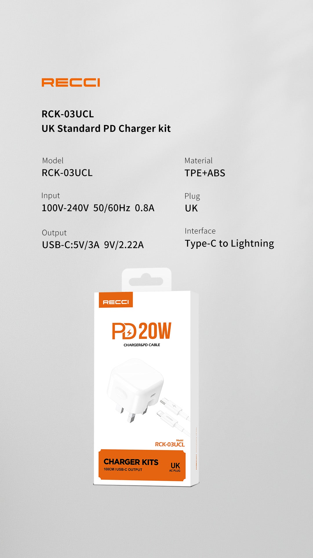 Recci Charger Kits PD20w Fast Charging Rck-03UCL