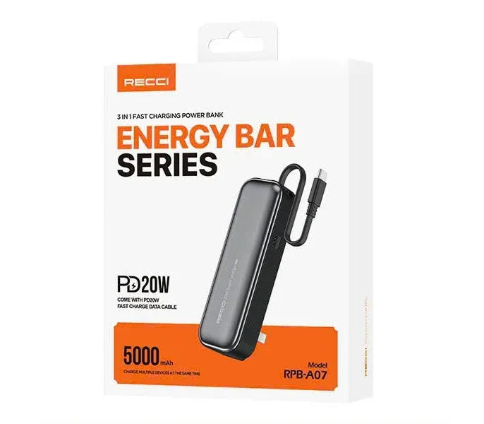 Recci Energy Bar Fast Charging 5000 mAh 20W Power Bank RPB-A07 - Three