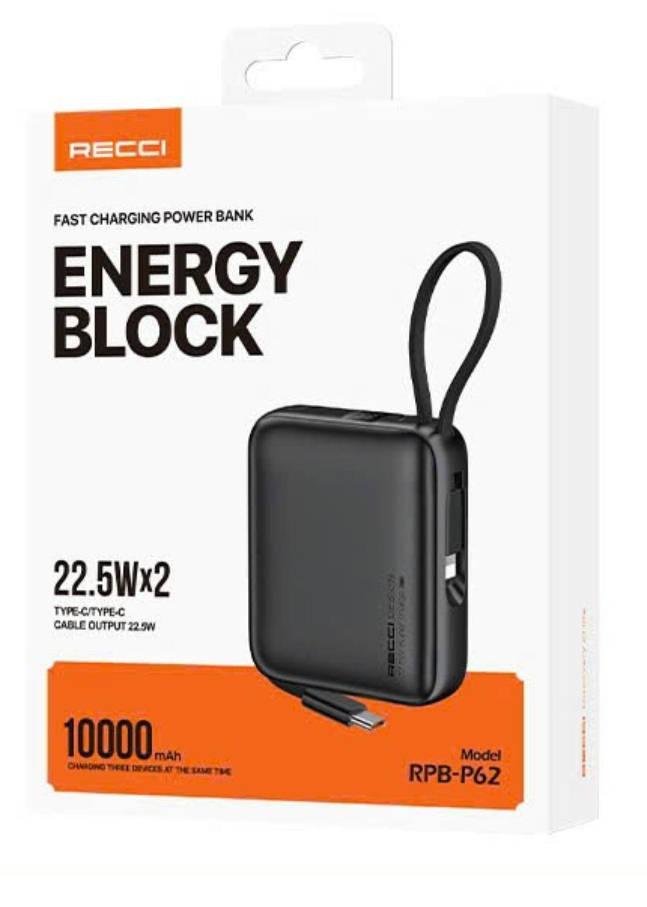 Recci Energy Block Power Bank 10000 mAh 22.5W With USB-C & Lightning Cable RPB-P62