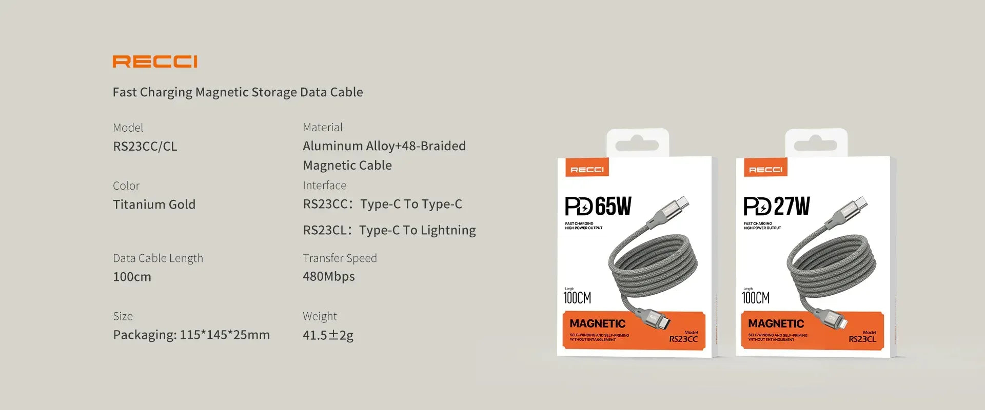 Recci Fast Charging Magnetic Cable PD 65W Type-C RS23CC - Three