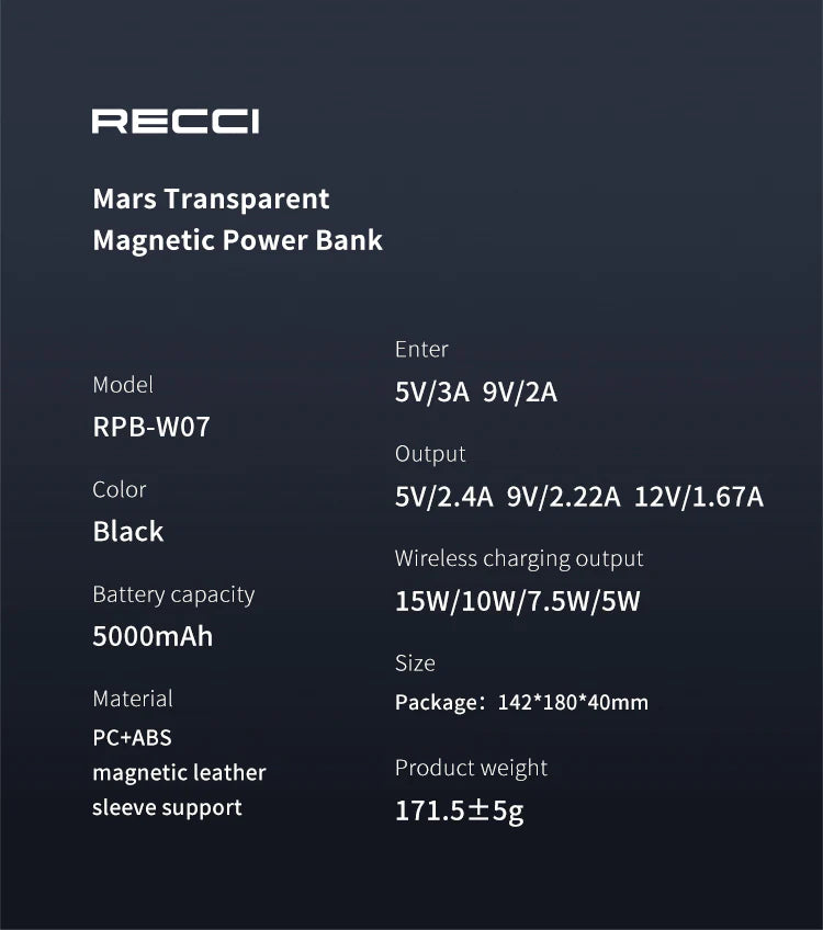Recci Mars Transparent Magnetic Power Bank 5000mAh RPB-W07