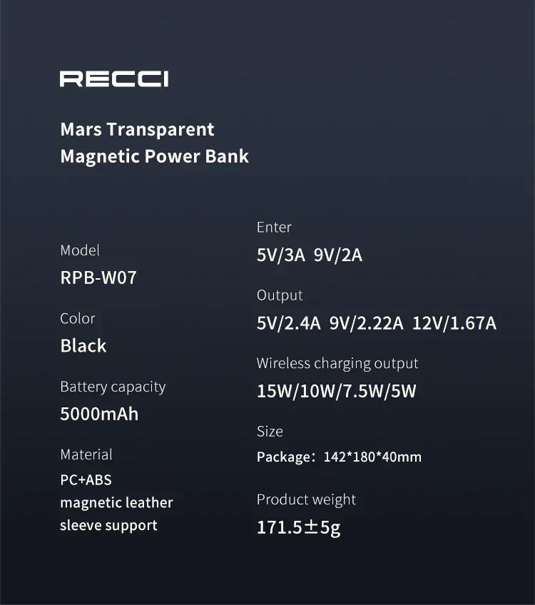 Recci Mars Transparent Magnetic Power Bank 5000mAh RPB-W07 - Three