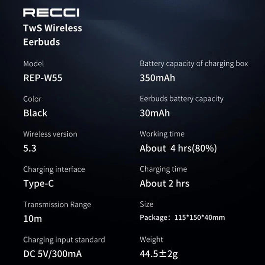 Recci Noise Cancelling Wireless Bluetooth Earbuds REP-W55