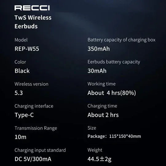 Recci Noise Cancelling Wireless Bluetooth Earbuds REP-W55 - Three