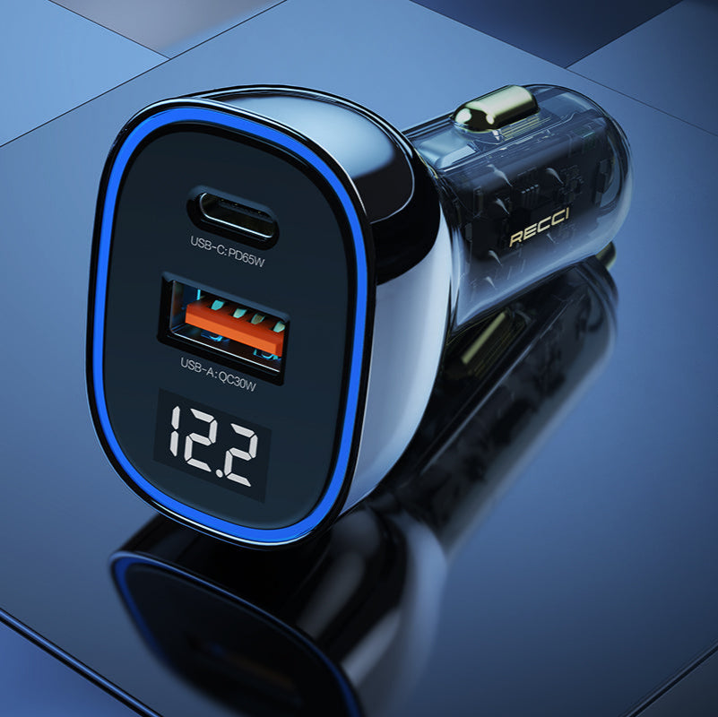 Car charger with transparent design on a reflective surface