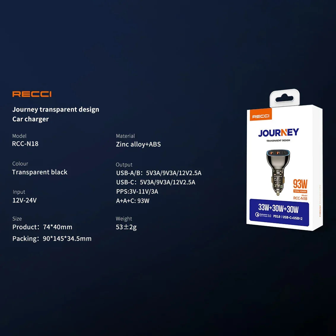 Recci 3 Ports Journey Transparent Car Charger RCC-N18 - Three