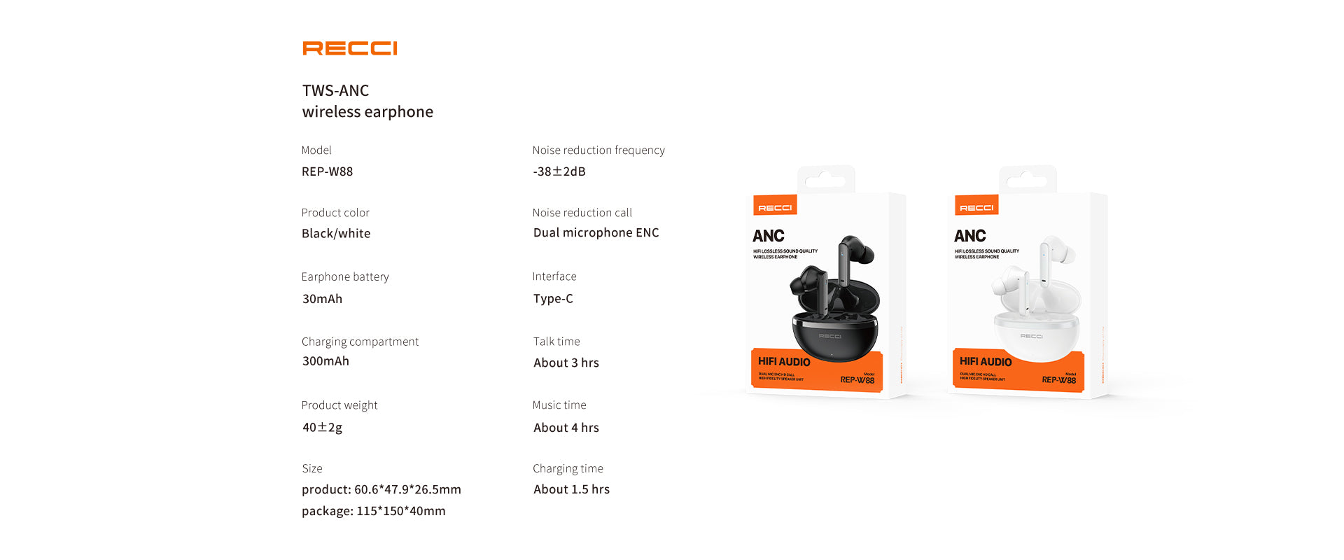 Recci Wireless Earphone ANC Noise Reduction REP-W88