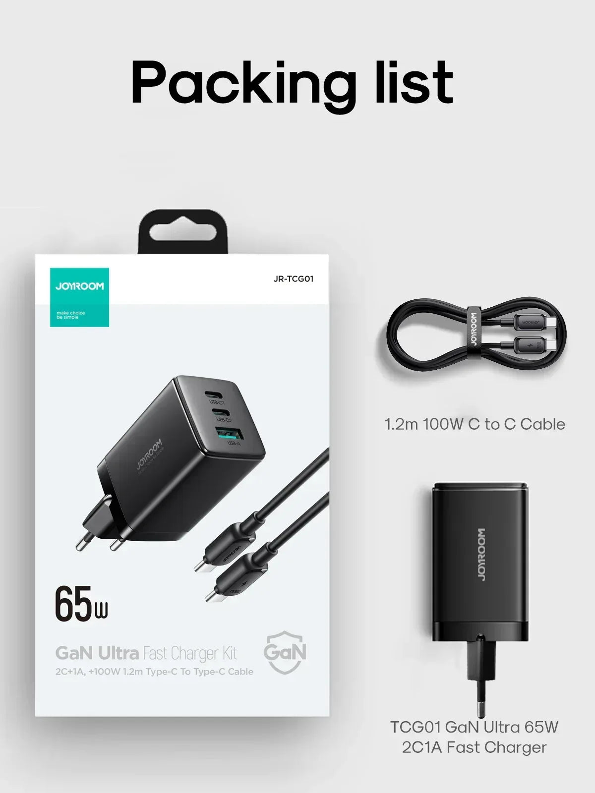 Joyroom Gan Ultra 65W Fast Charger 100W C to C Cable 1.2m JR-TCG01 - Three