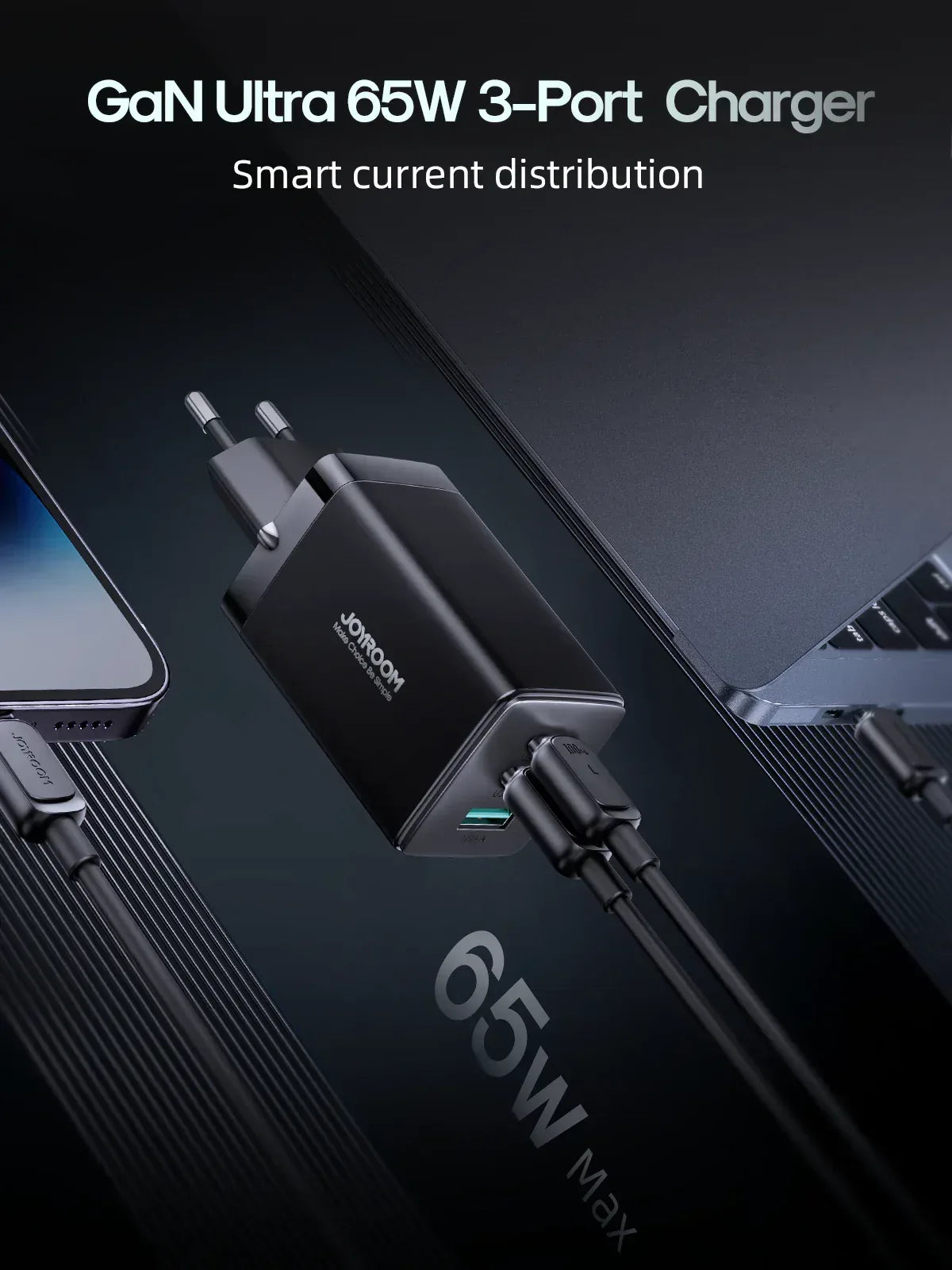 Joyroom Gan Ultra 65W Fast Charger 100W C to C Cable 1.2m JR-TCG01 - Three