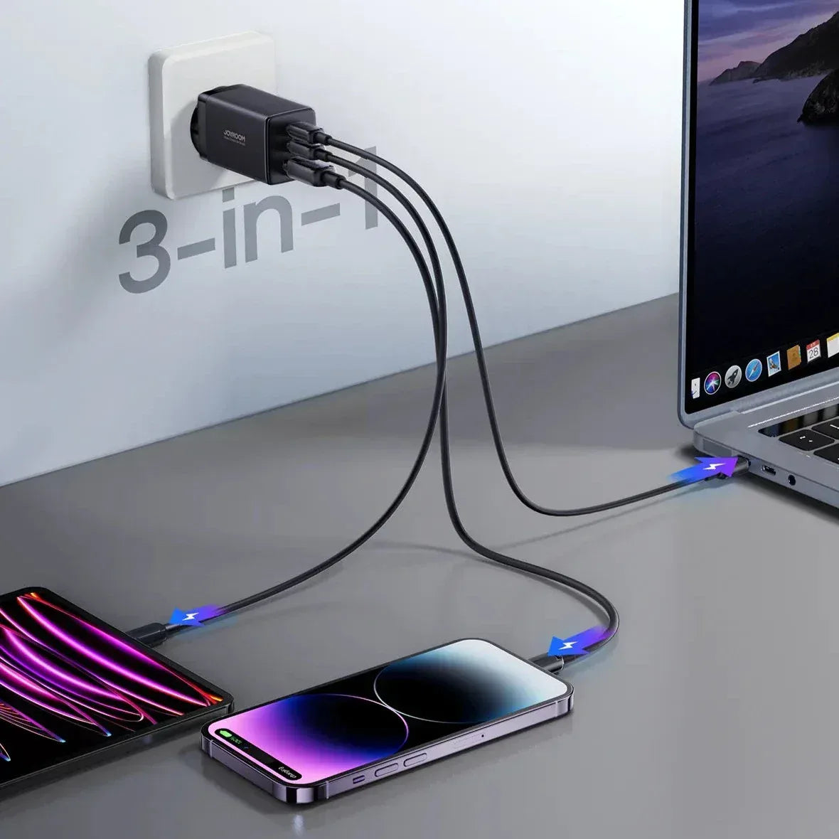 Joyroom Gan Ultra 65W Fast Charger 100W C to C Cable 1.2m JR-TCG01 - Three