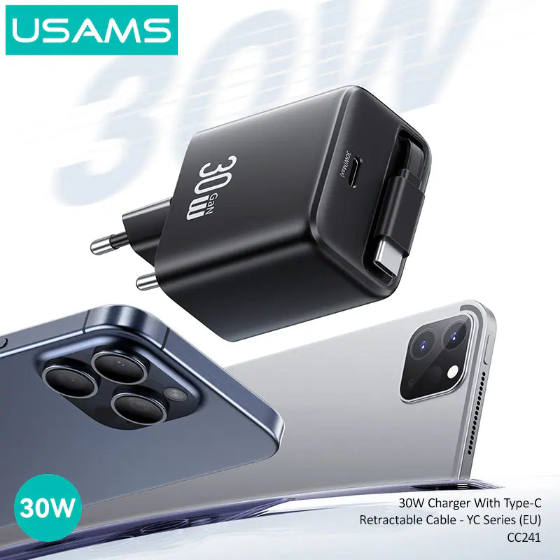 Usams 30W Charger With Type-C Retractable Cable