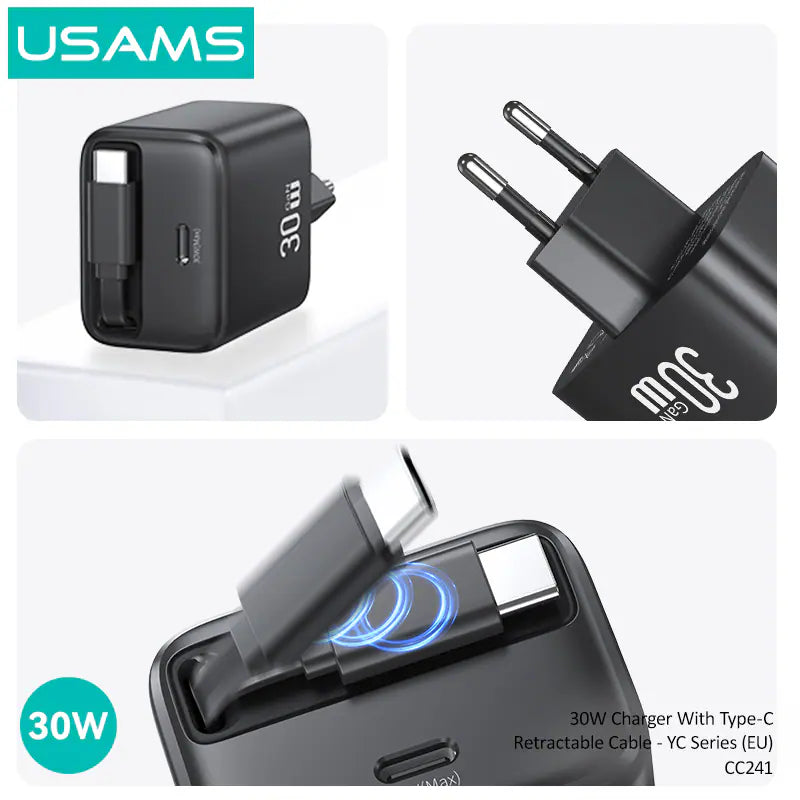 Usams 30W Charger With Type-C Retractable Cable
