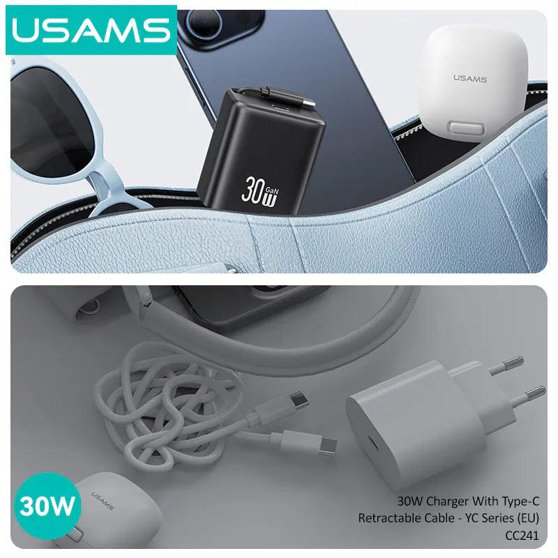 Usams 30W Charger With Type-C Retractable Cable