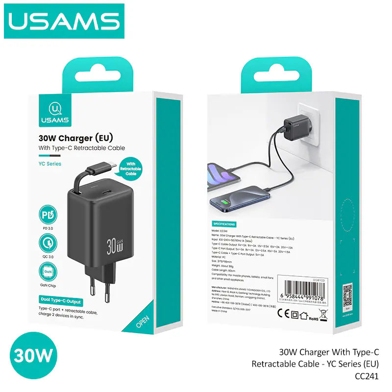 Usams 30W Charger With Type-C Retractable Cable