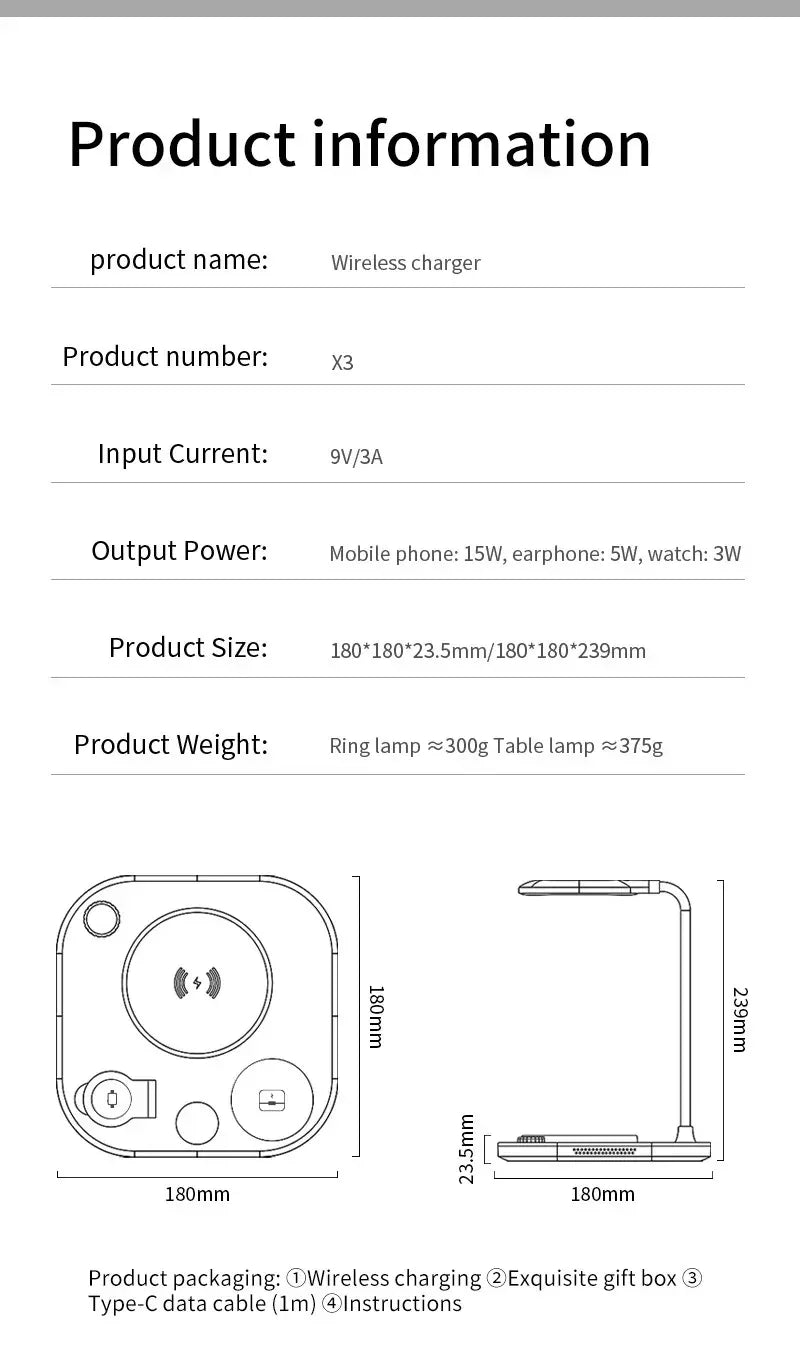3 in1 Wireless Charging Station With Lamp X3 - Three