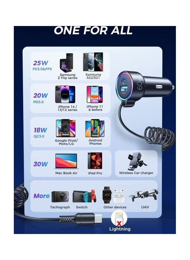 JOYROOM USB C Car Charger 60W Super Fast PD QC3.0 With 5ft 30W Type C Coiled Cable