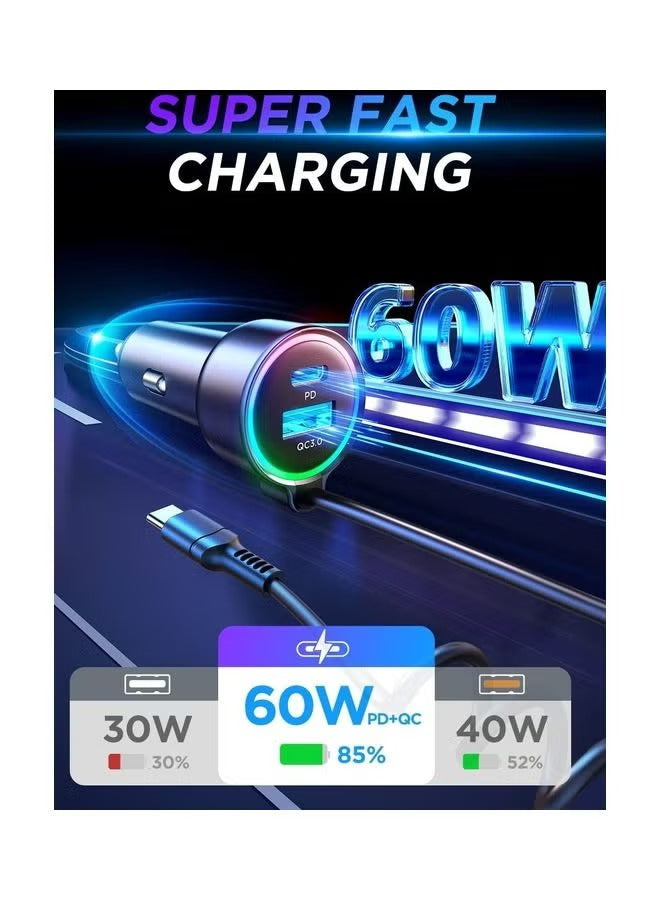 JOYROOM USB C Car Charger 60W Super Fast PD QC3.0 With 5ft 30W Type C Coiled Cable