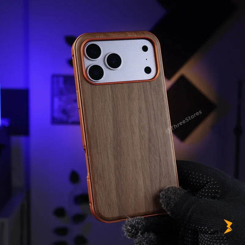 Wood Metal Frame Magsafe Case iPhone 17 Pro Max - Three