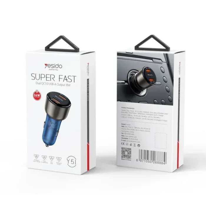 Yesido 18W USB Car Charger with 2 Ports Y51 - Three