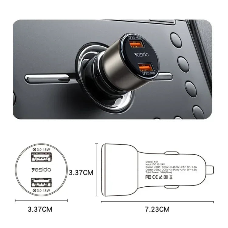 Yesido 18W USB Car Charger with 2 Ports Y51 - Three