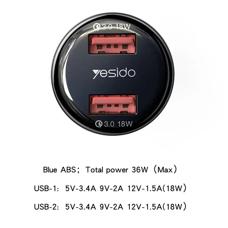 Yesido 18W USB Car Charger with 2 Ports Y51 - Three